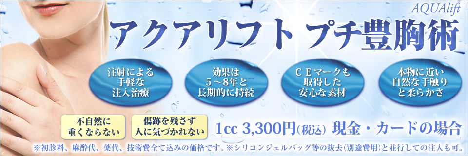 アクアリフト プチ豊胸術。1cc 3,300円(税込)/現金・カードの場合