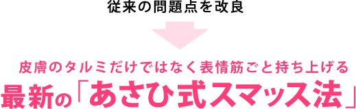 従来の問題点を改良→皮膚のタルミだけではなく表情筋ごと持ち上げる 最新の「あさひ式スマッス法」