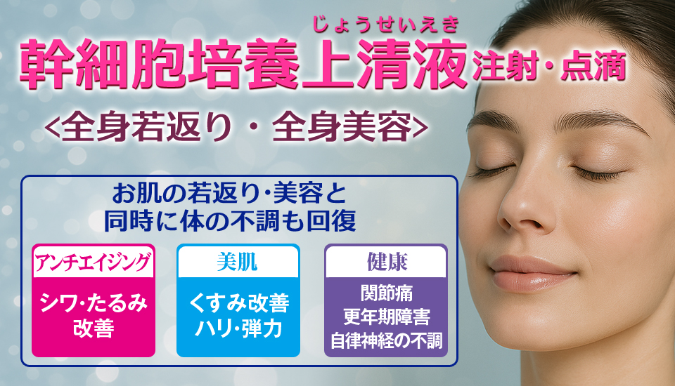 幹細胞培養上清液(かんさいぼうばいようじょうせいえき)。全身若返り・全身美容。