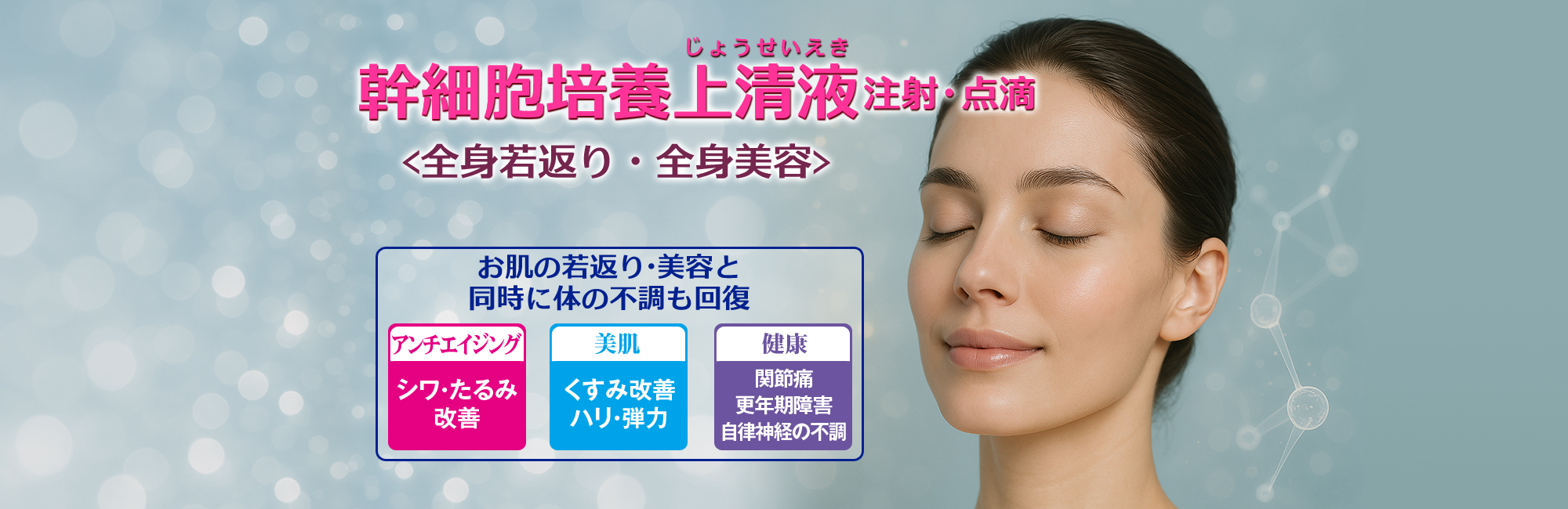 幹細胞培養上清液(かんさいぼうばいようじょうせいえき)。全身若返り・全身美容。